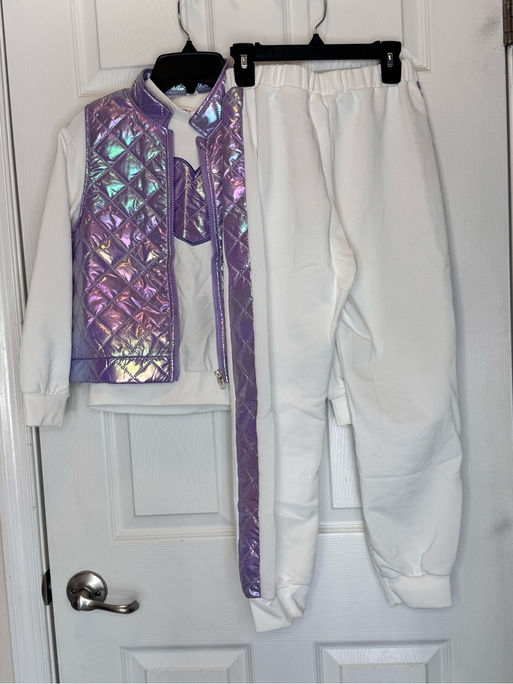 Kids Iridescent Lavender Quilted Vest & White Jogger Set - Youth Costume